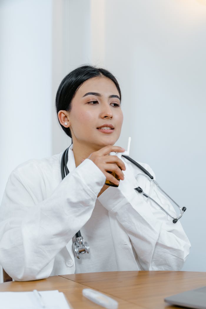 Young female doctor in white coat conducting a telehealth session indoors.
